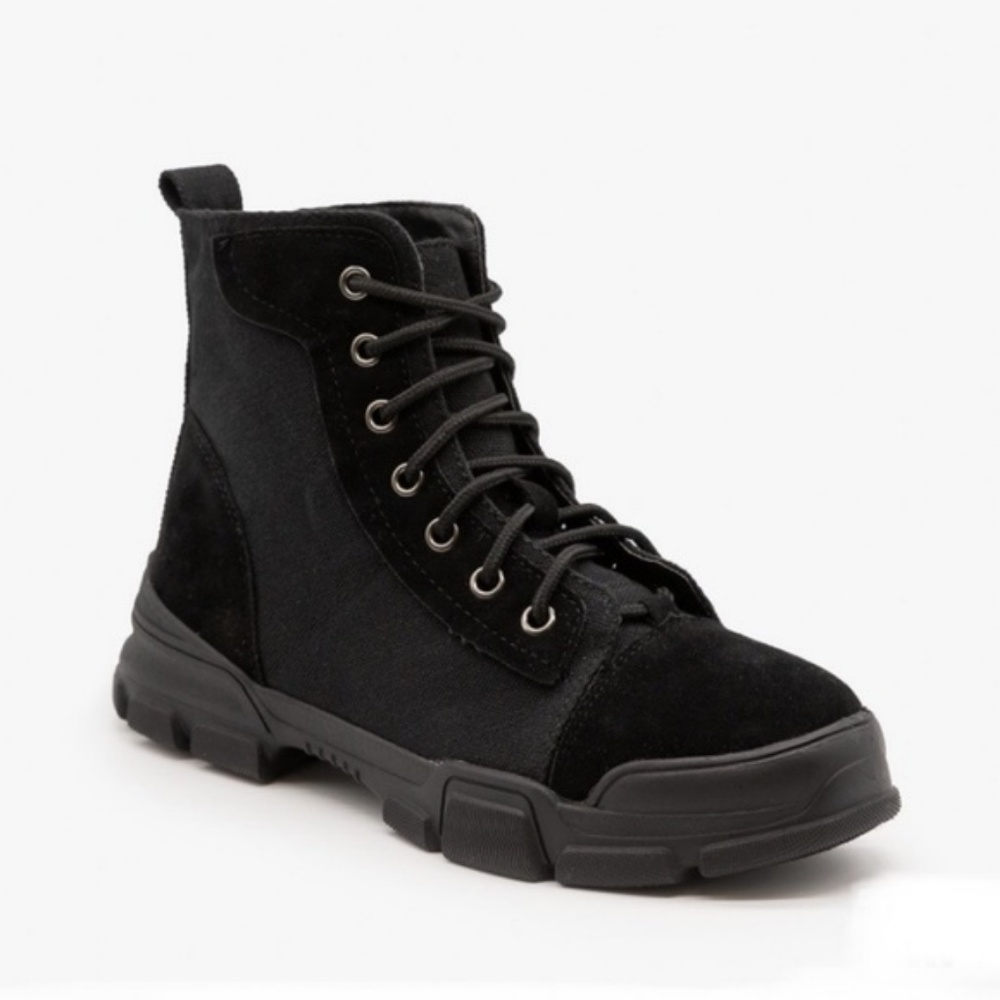 Canvas & Faux Suede Combat Boots – Tan - Picture 2 of 4